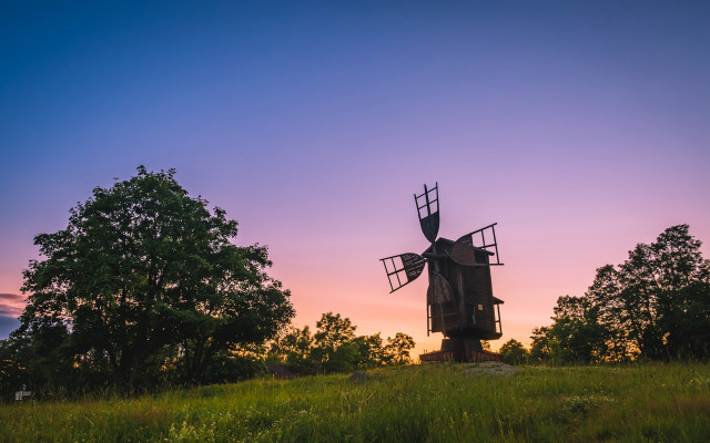Windmill field trees sunset purple free wallpaper - medium preview image