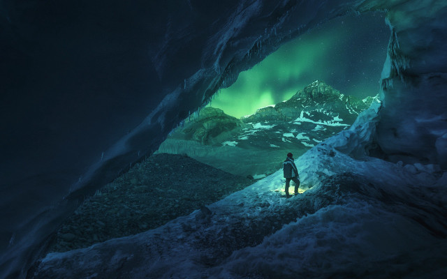 Cave man aurora mountains night free wallpaper - medium preview image