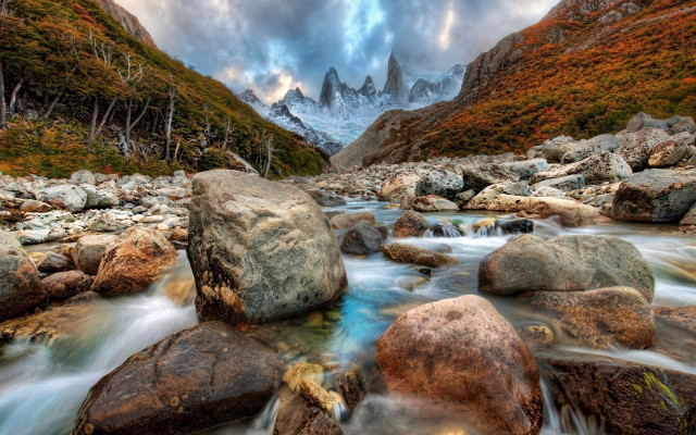 Mountain stream rocks water cloudy free wallpaper - medium preview image
