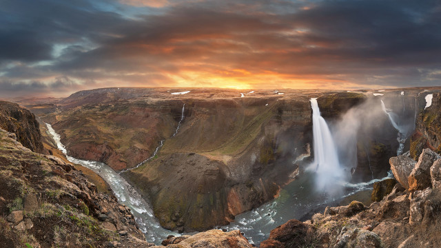 Waterfall sunset clouds mountain beach free wallpaper for desktop - medium preview image