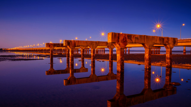 Pier lights reflection night kimono free wallpaper - medium preview image