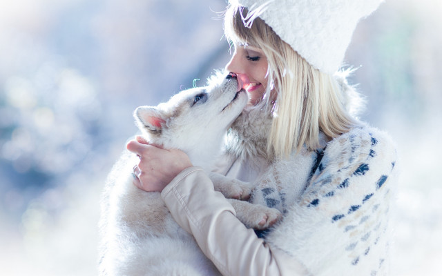 Woman white hat coat dog free wallpaper - medium preview image