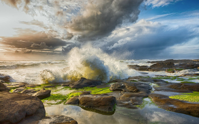 Wave rocks sunset algae beach free wallpaper - medium preview image