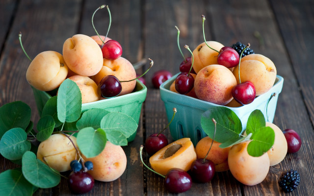 Buckets fruit wooden table leaves free wallpaper - medium preview image