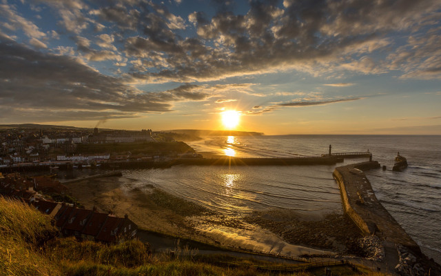 Sunset beach pier houses water free wallpaper - medium preview image
