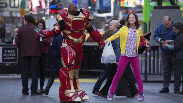 Woman ironman statue city street free wallpaper - medium preview image