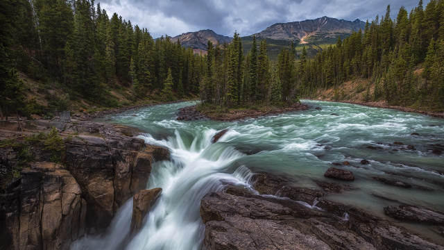 River forest rocks mountain cloudy free wallpaper - medium preview image