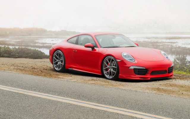 Red porsche foggy road water free wallpaper - medium preview image