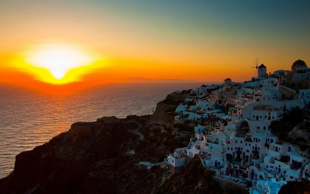 Sunset village cliff ocean windmill #2 free wallpaper - medium preview image