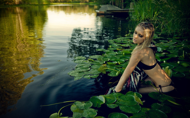 Woman bikini lily pad pond free wallpaper - medium preview image