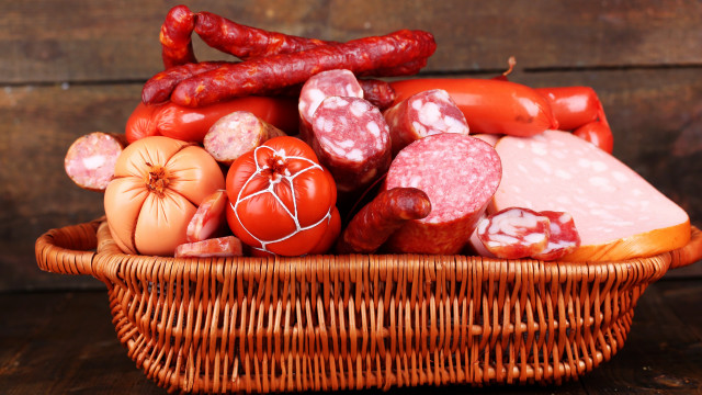 Basket sausages tomatoes table wooden free wallpaper - medium preview image
