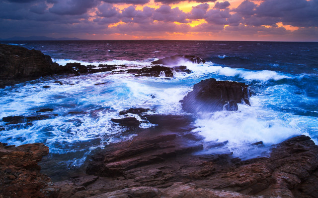 Ocean waves rocks sunset cloudy free wallpaper - medium preview image