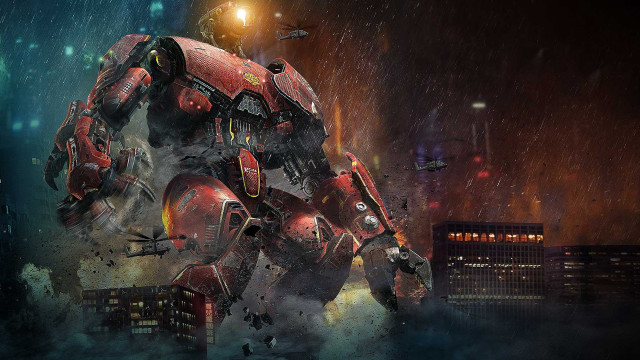 Red robot city night rain free wallpaper - medium preview image