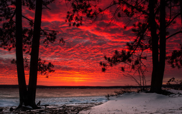 Red sky clouds trees water free wallpaper - medium preview image