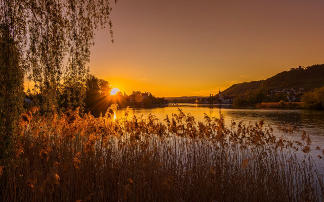Sunset river boat trees hill free wallpaper - medium preview image