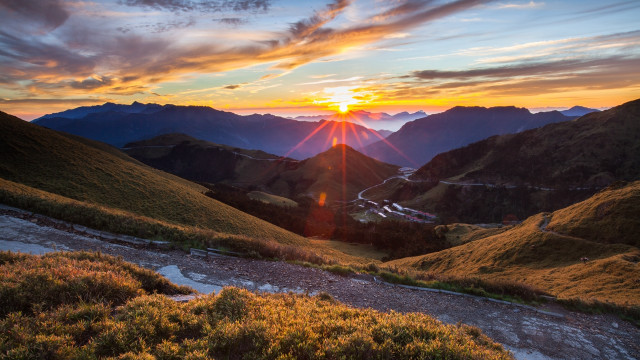 Sunset valley mountains road campfire free wallpaper - medium preview image