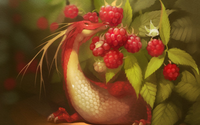 Bird berries branch fantasy painting free wallpaper - medium preview image