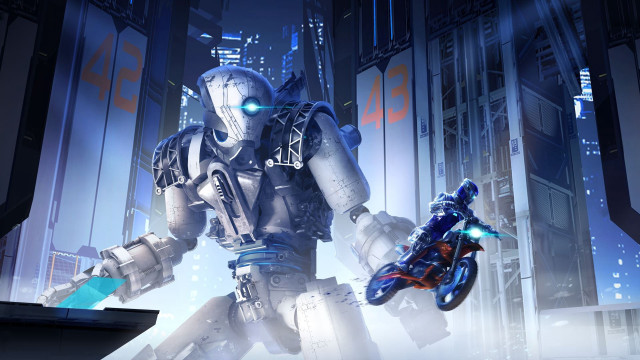 Futuristic robot city motorcycle background free wallpaper - medium preview image