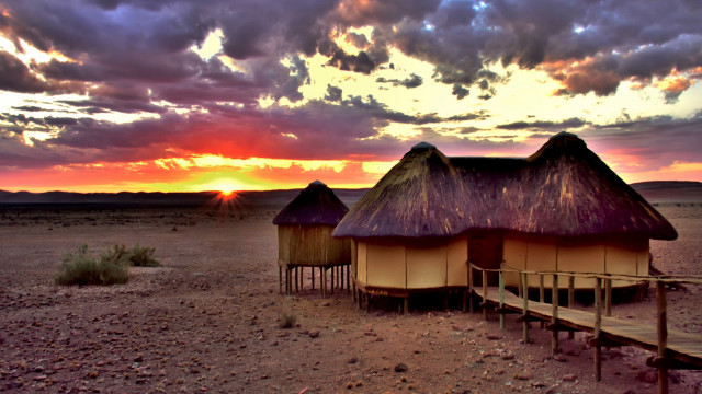 Sunset desert huts bridge cloudy free wallpaper - medium preview image