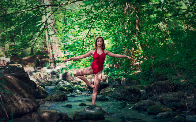 Woman in red bodysuit yoga free wallpaper - medium preview image