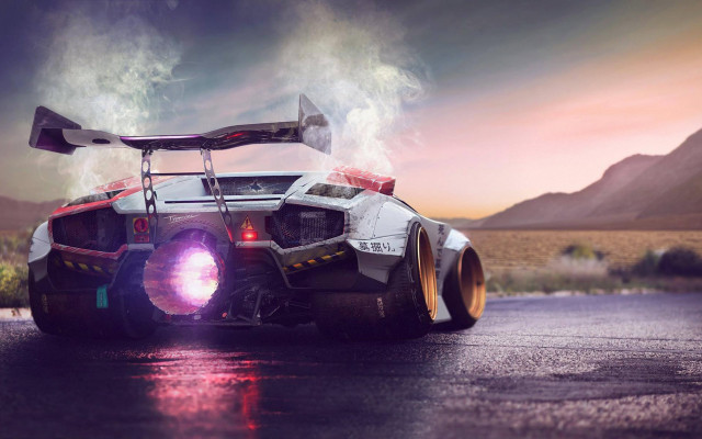 Car light mountains smoke retrofuturism free wallpaper - medium preview image