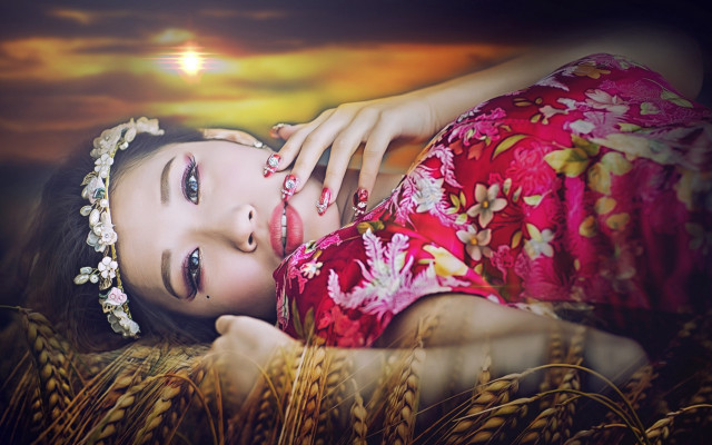 Woman red dress wheat sunset #2 free wallpaper - medium preview image