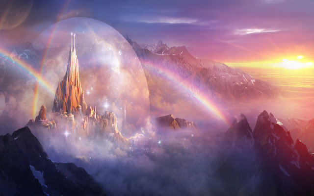 Skycastle rainbow mountains fantasy lightscape free wallpaper - medium preview image