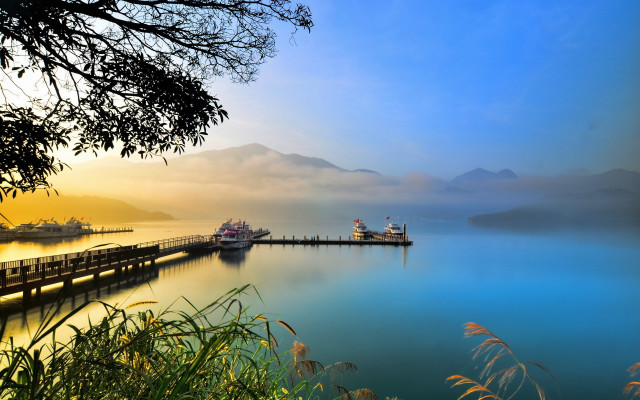 Pier boat mountain fog scenery free wallpaper - medium preview image