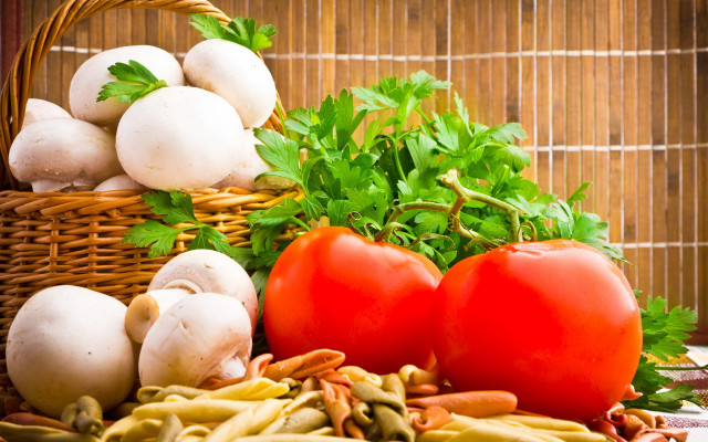 Basket mushrooms tomatoes vegetables bamboo free wallpaper - medium preview image