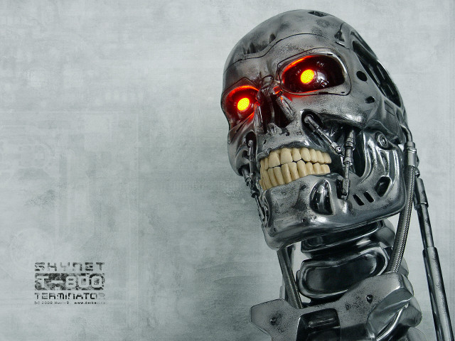 Robot glowing eyes skeleton head free wallpaper - medium preview image