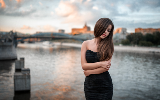 Woman black dress water bridge free wallpaper - medium preview image