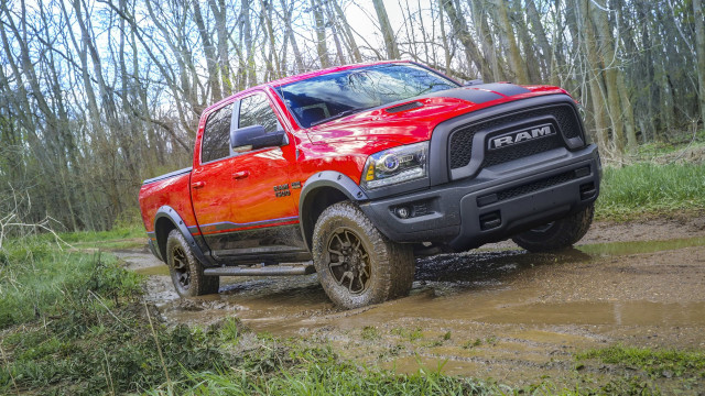 Red ram truck muddy woods free wallpaper - medium preview image