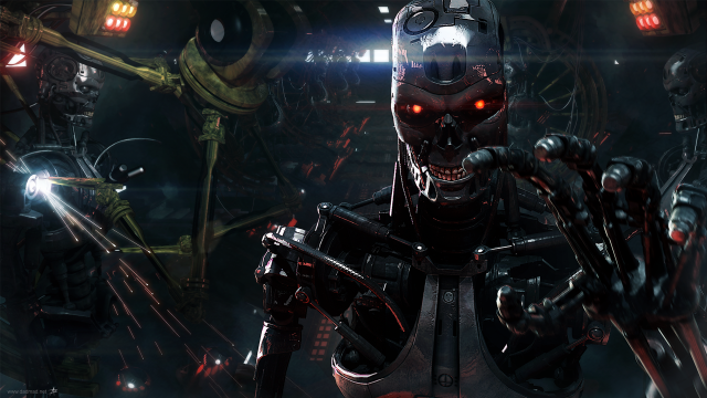 Robot glowing eyes gun dark free wallpaper - medium preview image