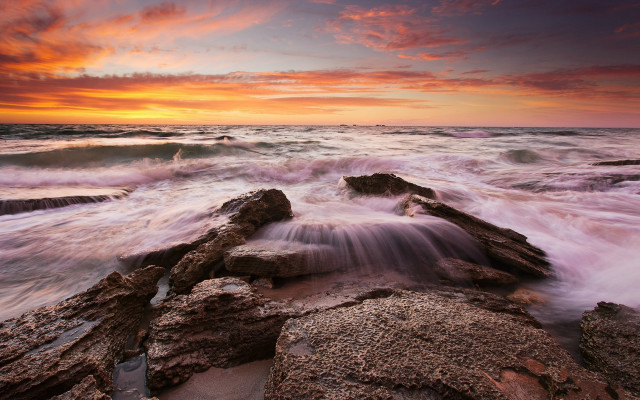 Sunset ocean waves rocks clouds #5 free wallpaper - medium preview image