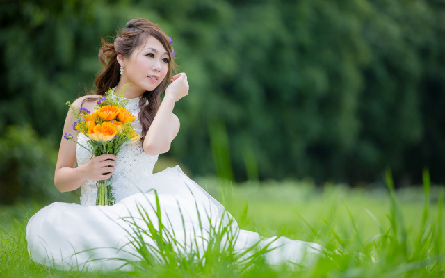 Woman white dress bouquet sitting free wallpaper - medium preview image