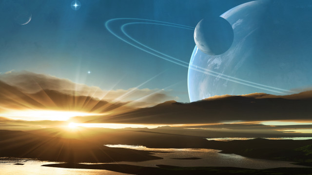 Planet sun clouds mountain ocean free wallpaper - medium preview image