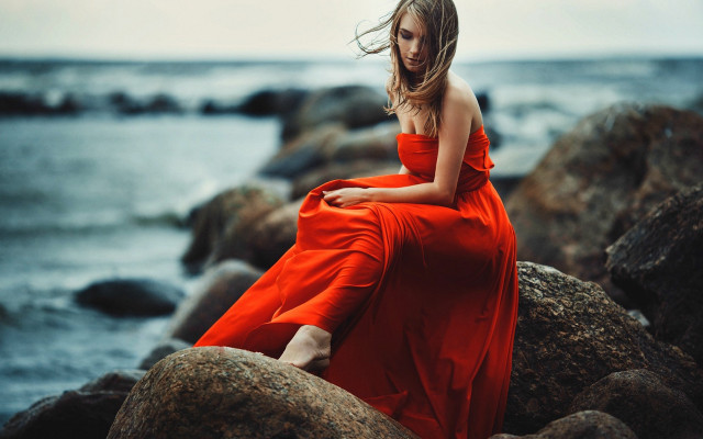 Woman red dress ocean rock free wallpaper - medium preview image