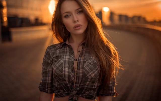 Woman sunset blowinghair plaid shirt free wallpaper - medium preview image