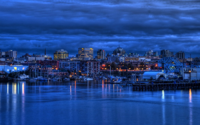 City skyline harbor boat night free wallpaper - medium preview image