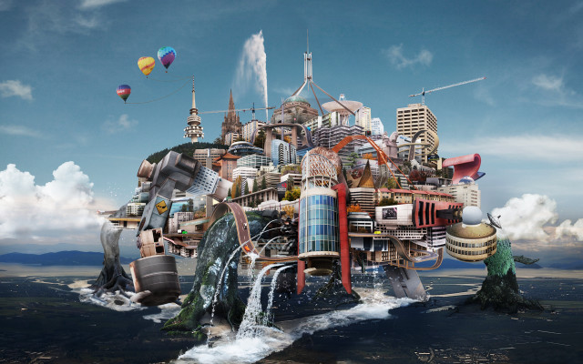 Floating city waterfall balloons beach free wallpaper - medium preview image