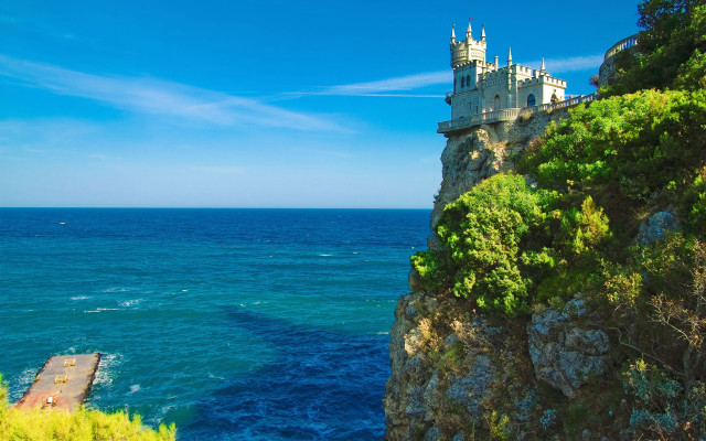 Castle cliff ocean pier blue free wallpaper - medium preview image