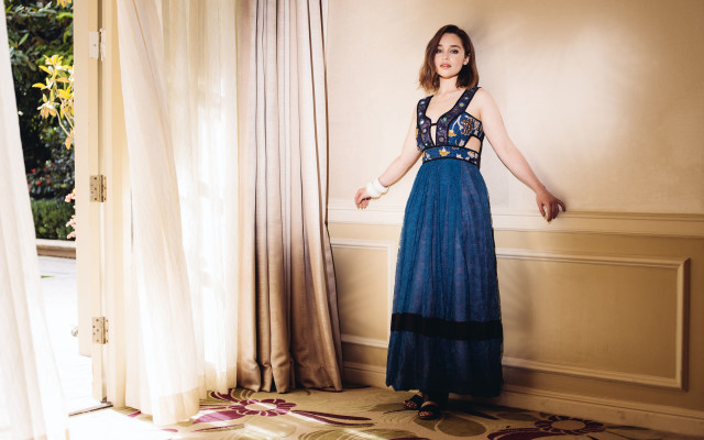 Woman blue dress window curtains free wallpaper - medium preview image