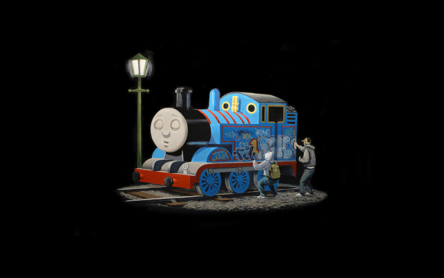 Man standing blue red train free wallpaper - medium preview image