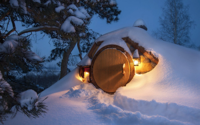 Snowy winter forest house tree free wallpaper - medium preview image