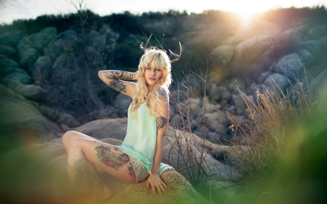 Woman tattooed sitting rock field free wallpaper - medium preview image