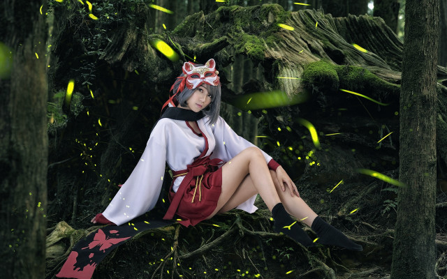 Woman tree forest fireflies cosplay free wallpaper - medium preview image
