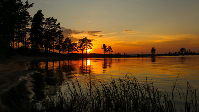 Sunset lake trees grass cityscape free wallpaper - medium preview image