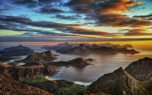 Sunset mountains lake reflection beach free wallpaper - medium preview image