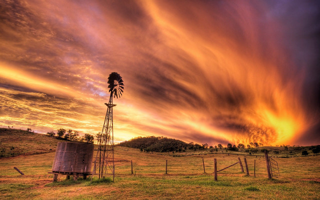 Windmill field sunset clouds fence free wallpaper - medium preview image