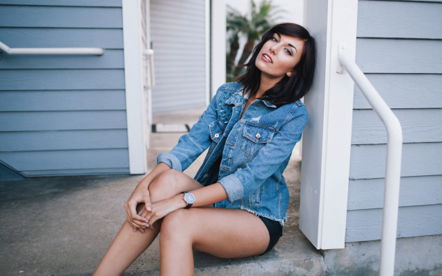 Woman jean jacket wristwatch portrait free wallpaper - medium preview image